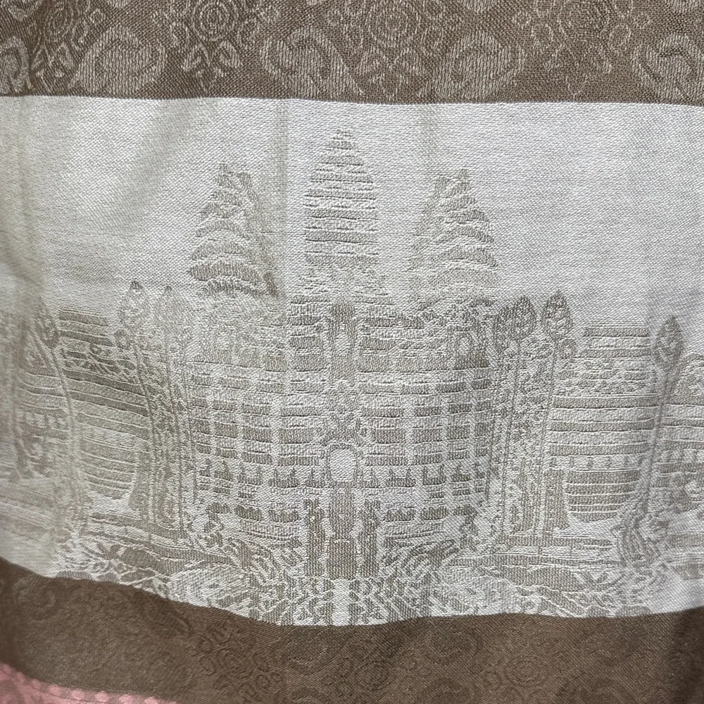 Elegant Pink and Brown Silk Striped Scarf with Angkor Wat Motif.